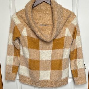 Kut from the Kloth Checkered Cowl Neck Sweater - Tan and Cream